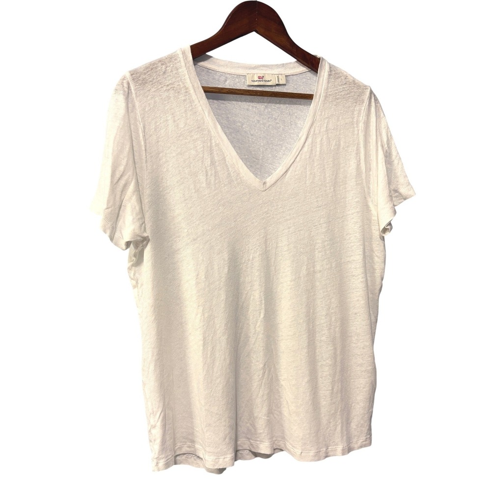 Vineyard Vines Womens White 100% Linen V-Neck Short Sleeve T-Shirt Size Large